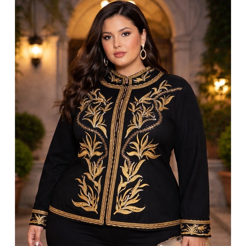Giclee Womens Jacket Plus 2X Black Gold Embroidered Sequin Mandarin Royal Ornate - Picture 2 of 10